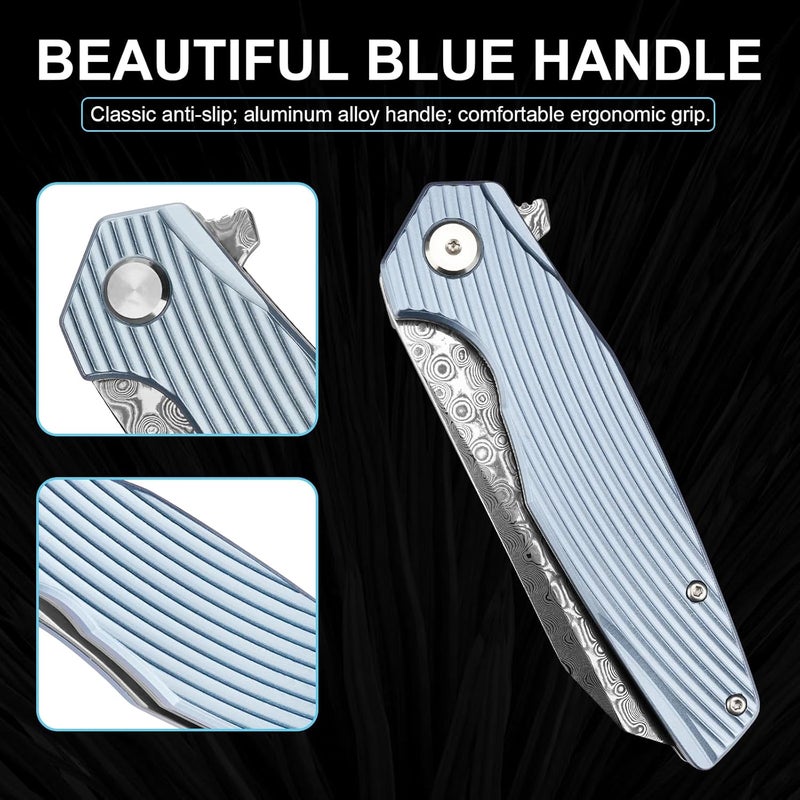 Zingbee Damascus Pocket Knife 3.46" Damascus Steel Blade EDC Pocket Knives & Folding Knives for Men Women Blue Non-Slip Handle - Image 3